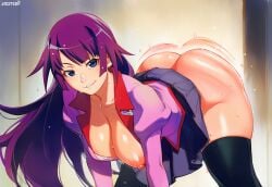 ai_generated aigatari ass ass_shake breasts_out dancing huge_ass monogatari_(series) seductive senjougahara_hitagi smug sweat twerk twerking wide_hips