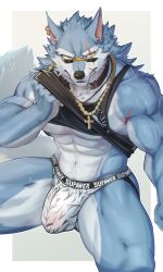 2025 5_fingers abs absurd_res anthro arm_scar biceps black_clothing black_shirt black_tank_top black_topwear blue_body blue_fur bodily_fluids border bulge canid canine canis chains cheek_tuft claws clothed clothed_anthro clothed_male clothing cross cross_necklace detailed_bulge digital_drawing_(artwork) digital_media_(artwork) dislyte ear_piercing ear_ring eye_scar eyebrows eyewear facial_scar facial_tuft finger_claws fingers fluffy fluffy_tail fur hi_res jewelry jockstrap lilith_games male male_anthro mammal mouth_scar multicolored_body multicolored_fur muscular muscular_anthro muscular_male navel necklace nipples pantsless pantsless_anthro pantsless_male pecs piercing pink_inner_ear pink_nipples print_clothing print_shirt print_tank_top print_topwear ring_piercing sacorxi scar shirt solo sunglasses sweat sweatdrop tail tank_top teeth topwear tuft two_tone_body two_tone_fur underwear white_body white_border white_fur wolf yellow_eyes