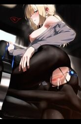 anal anal_beads anal_object_insertion artoria_pendragon_(fate) bare_shoulders black_pantyhose blonde_hair blush breasts fate/stay_night fate_(series) feet_on_chair female from_behind green_eyes grey_shirt heart looking_at_viewer medium_breasts nipples object_insertion pantyhose saber_(fate) sex_toy shirt tamamoice torn_clothes torn_pantyhose