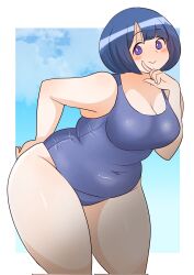 blue_eyes blue_hair blue_one-piece_swimsuit blush bob_cut breasts bright_pupils cleavage covered_navel female finger_to_cheek gundam gundam_gquuuuuux hand_on_own_hip leaning_forward mature_female medium_breasts one-piece_swimsuit outdoors plump shiiko_sugai short_hair sky smile solo standing swimsuit thick_thighs thighs toyishiki_shizuoka white_pupils