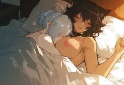 ai_generated big_breasts cat_ears choker dark_skin head_on_breasts kali_belladonna kizirugai naked rwby sleeping sleeping_nude sleeping_together sweat sweating under_covers winter_schnee