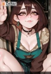 ai_generated ayase_momo blush breasts brown_hair cardigan choker cleavage dollmaker dollmaker_(artist) earrings female hair_between_eyes jewelry large_breasts looking_at_viewer patreon_username short_hair sitting smile solo tagme watermark yellow_eyes