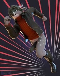 3d_(artwork) absurd_res action_pose antlers big_penis boots bottomless clothed clothing deer digital_media_(artwork) footwear genitals gravvure hi_res horn jacket leather leather_clothing leather_jacket leather_topwear male mammal penis pose ribbed_clothing ribbed_sweater running shoes solo speed_lines topwear