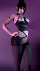 alex_domino bangs big_breasts breasts breasts_out choker earrings exposed_breasts female female_focus female_only glasses goth_girl hair_bun lesbian lingerie nopixel painted_nails solo_female tattoo tattoos thighs