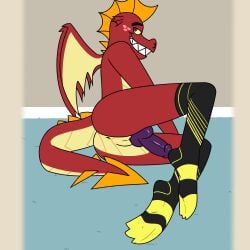 1:1 aaron_amethyst absurd_res anthro anus black_clothing black_footwear black_socks clothing dragon fangs footwear freckles friendship_is_magic garble_(mlp) genitals hasbro hi_res knot looking_at_viewer male my_little_pony mythological_creature mythological_scalie mythology penis red_body scalie smile sock_fetish socks solo teeth wings yellow_clothing yellow_footwear yellow_socks