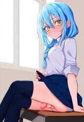 ai_generated crossdressing femboy light_blue_hair otoko_no_ko panties penis rimuru_tempest school_uniform skirt skirt_lift tensei_shitara_slime_datta_ken testicles yellow_eyes