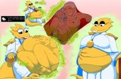 alphys anthro anthro_pred barefoot belly_rub beverage big_breasts black_bar bodily_fluids breasts burping censored_eyes container cup digestion digestion_noises digestion_sequence drinking duo epaulet eyewear feet female female/female female_pred female_prey flat_chested glasses hair hi_res human human_prey jewelry lizard long_hair lounging magic_user mammal naevus_oxaccius navel necklace organs pillowfloof reptile saliva scales scalie sitting soda squeezing_belly stomach stomach_acid stomach_bulge struggling struggling_prey undertale undertale_(series) unwilling_prey vore weight_gain white_hair wizard_robes yellow_body yellow_scales