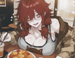 ai_generated breasts_on_table cafe cleavage eye_bags food kizirugai large_breasts mature_female messy_hair off_shoulder red_hair star_shaped_pupils