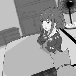 1boy 1girls aitsugu animal_ears canine canine_penis domestic_dog female feral interspecies long_hair looking_at_viewer male male/female monochrome open_mouth original penis ponytail saliva school_uniform schoolgirl