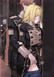 2boys against_wall ashe_ubert blonde_hair blunt_bangs blush book breasts clothes_pull commentary_request doehorn faceless faceless_male facing_away female fingering fingering_from_behind fire_emblem fire_emblem:_three_houses garreg_mach_monastery_uniform grabbing_another's_breast grabbing_from_behind green_eyes grey_hair groping heart heavy_breathing highres holding holding_book ingrid_brandl_galatea long_hair long_sleeves looking_down medium_breasts multiple_boys nose_blush open_mouth pantyhose pantyhose_pull pillar public_indecency pussy_juice quiver scabbard sheath short_hair squishing standing steaming_body straight sweat sword thighs twitter_username vaginal_penetration weapon