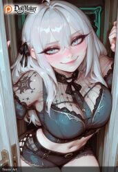 ai_generated black_ribbon blush breasts dollmaker dollmaker_(artist) female hair_between_eyes hair_ribbon heart heart-shaped_pupils long_hair looking_at_viewer navel patreon_logo patreon_username ribbon silver_hair smile solo tagme watermark