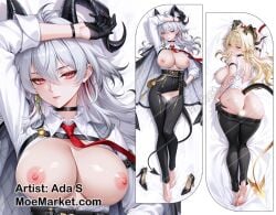 ada_s_(moemarket) ai-generated armband black_armband black_choker black_horns black_pants breasts choker cloth_pull commentary_request curled_horns dakimakura_(medium) dakimakura_(object) earrings female horns jewelry large_breasts long_hair looking_at_viewer necktie nipples pants pillow red_eyes red_necktie tail thighs tight_clothes tight_pants torn_clothes wuthering_waves zani_(wuthering_waves)
