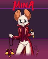 anthro blush bottomless clothed clothing coat digital_media_(artwork) female flat_chested fur genitals hi_res holding_object holding_weapon looking_at_viewer mace mammal mancoin melee_weapon mina_(mina_the_hollower) mina_the_hollower mouse murid murine notched_ear rodent shirt signature simple_background smile solo tail text topwear vulva weapon whip white_body white_fur yacht_club_games