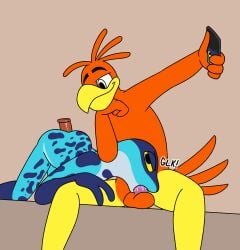 aaron_amethyst absurd_res amphibian anal anthro avian balls bird cocoa_puffs dildo duo forced forced_oral frog general_mills genitals hi_res male male/male mascot oral penis ranno rivals_of_aether sex sex_toy sitting smile smug sonny_the_cuckoo_bird taking_picture yellow_sclera