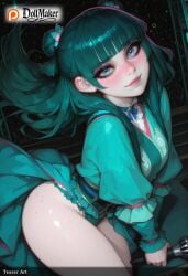 ai_generated aqua_hair artist_name ass bangs blue_hair blunt_bangs blush breasts deviantart_username dollmaker dollmaker_(artist) female freckles green_hair long_hair patreon_logo patreon_username puffy_sleeves smile solo symbol-shaped_pupils tagme thighs watermark web_address