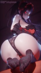 2025 3d 3d_(artwork) aequd aequdsama ass ass_focus black_hair bra breasts commission feet foot_focus frilly_clothing gloves headwear heterochromia lace_panties lace_underwear legwear light-skinned_female light_skin lingerie lingerie_only panties red_eye socks stockings sweatdrop toes tokisaki_kurumi twintails yellow_eye