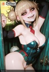 ai_generated animal_ears bangs bare_shoulders black_leotard blonde_hair blunt_bangs blush bow bowtie breasts detached_collar dollmaker dollmaker_(artist) double_bun elbow_gloves eyebrows_visible_through_hair fake_animal_ears fake_tail fangs female himiko_toga leotard looking_at_viewer medium_breasts nipples open_mouth playboy_bunny pussy rabbit_ears rabbit_tail shiny_skin short_hair smile solo strapless tagme tail toga_himiko watermark wrist_cuffs yellow_eyes