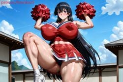 ai_generated akame_(akame_ga_kill!) akame_ga_kill! black_hair cameltoe cheerleader huge_breasts kunaboto_(style) legs_up panties red_eyes school