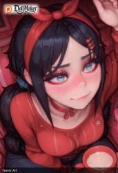 ai_generated artist_name bangs black_hair blue_eyes blush breasts choker closed_mouth collarbone cup dollmaker dollmaker_(artist) female hair_ornament hair_scrunchie hairband hairclip long_hair looking_at_viewer lying medium_breasts miside mita_(miside) nose_blush on_back patreon_logo patreon_username recording scrunchie shirt smile solo tagme watermark web_address