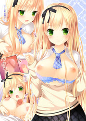 blonde_hair blush bra bra_pull breasts censored female green_eyes long_hair looking_at_viewer makita_maki necktie nipples open_mouth original paizuri penis text translation_request underwear very_long_hair