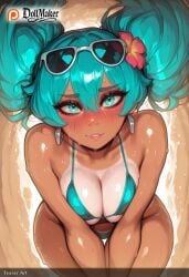 ai_generated aqua_eyes aqua_hair artist_name beach bikini blush breasts dark_skin day dollmaker dollmaker_(artist) earrings eyewear_on_head female goggles_on_head green_bikini hatsune_miku jewelry long_hair looking_at_viewer medium_breasts shiny shiny_skin solo sunglasses swimsuit tagme tan tanlines watermark web_address wet