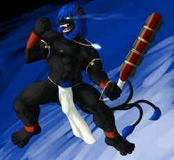 2012 anthro battle_pose beard black_fur black_nose blue_eyes blue_hair bulge facial_hair feline fur furry glowing_eyes hair huge_cock lion loincloth lunasius_(character) male male_only multiple_tails onyxtanuki open_mouth penis pubes roaring solo sword teeth weapon