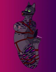 1girls ball_gag bodily_fluids bondage bound canid canine canis drooling egg_vibrator feet female fur fur_markings gag green_sclera hi_res hogtied humanoid mammal markings nipples pawpads pink_nipples saliva sex_toy solo tail twotusk vibrator wolf