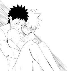 2boys bite_mark blush closed_eyes completely_nude gay hatake_kakashi male male/male male_focus mole mole_under_mouth multiple_boys naruto_(series) naruto_shippuuden nude scar scar_across_eye scar_on_face short_hair uchiha_obito yaibaa_nrtak yaoi