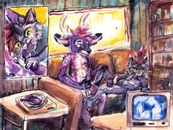 animal_genitalia anthro balls black_body black_fur casual_nudity casual_sex deer domestic_cat duo erection felid feline felis fur furniture genitals group_masturbation hand_on_head hand_on_knee hand_on_leg kittee_mortis looking_at_porn lying male male/male mammal masturbation nipples on_back oral penis pornography purple_body sex sheath sitting sofa tongue tongue_out vinyl_record watching_television
