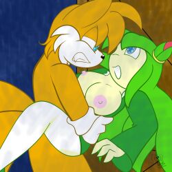ambiguous_penetration big_breasts breasts clothed clothed_female_nude_male cosmo_the_seedrian exposed_breasts green_hair interspecies male male/female sex sonic_(series) tails tails_the_fox veemomo