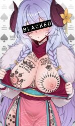 ai_generated big_breasts blacked bnwo horns identity_censor kindred league_of_legends open_clothes purple_hair qos qos_tattoo queen_of_spades spirit_blossom_kindred tattoo