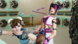 1boy 1boy2girls 2girls 2girls1boy 3d 3d_(artwork) 3d_background 3d_model 3d_render 8k blizzard_entertainment dry_humping hi_res highres juno_(overwatch) kazworksnsfw kiriko_(overwatch) kiriko_kamori lesbian_sex overwatch overwatch_2 sex teo_minh threesome yuri