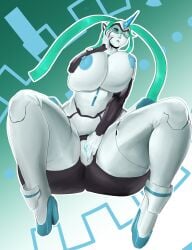 1girls big_breasts biting_lip breasts character_request cyan_hair female fingering robot_girl thapadmeister thick_thighs thighs