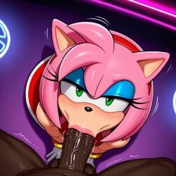 ai_generated amy_rose anthro big_penis blowjob dark-skinned_male furry makeup pink_hair pov pov_eye_contact sonic_(series)