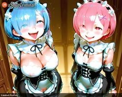 2girls :d ai_generated arms_behind_back asmutcriminal bare_shoulders blue_eyes blue_hair blush breasts cleavage detached_collar detached_sleeves eyes_visible_through_hair hair_ornament hair_over_one_eye headdress heart-shaped_pupils indoors large_breasts looking_at_viewer maid maid_headdress medium_breasts multiple_girls nipples open_mouth pink_eyes pink_hair pink_ribbon purple_ribbon ram_(re:zero) re:zero_kara_hajimeru_isekai_seikatsu red_eyes rem_(re:zero) ribbon_trim roswaal_mansion_maid_uniform short_hair siblings sisters smile symbol-shaped_pupils tagme teeth thighhighs tongue tongue_out twins waist_apron white_apron white_legwear x_hair_ornament