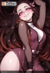 ai_generated artist_name black_hair breasts brown_hair dollmaker dollmaker_(artist) female forehead hair_ribbon kamado_nezuko long_hair looking_at_viewer lying multicolored_hair patreon_logo patreon_username pink_eyes pink_ribbon ribbon smile solo tagme watermark web_address