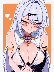 blush heart_symbol looking_at_viewer pulling_bra pulling_clothing pulling_own_clothes see-through see-through_clothing see-through_top tagme_(artist) yixuan_(zenless_zone_zero) zenless_zone_zero