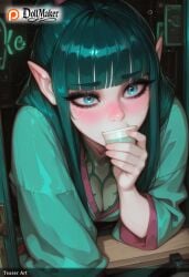 ai_generated bangs blunt_bangs blush dollmaker dollmaker_(artist) elf fellatio female green_hair long_hair long_pointy_ears looking_at_viewer nose_blush oral patreon_logo patreon_username pointy_ears solo tagme watermark web_address