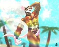absurd_res anthro artemi athletic athletic_anthro athletic_male balls barely_visible_balls barely_visible_genitalia beach clothing day detailed_background facial_hair genitals goatee hi_res ineffective_clothing ineffective_swimwear lgbt_pride lgbt_pride_month male mammal master_splinter mature_anthro mature_male multicolored_clothing murid murine muscular nipples outside penis plant pool_float rainbow_clothing rat rodent smile solo swimwear teenage_mutant_ninja_turtles teenage_mutant_ninja_turtles_(2012) translucent translucent_clothing translucent_swimwear tree whiskers