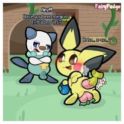 1:1 anal anal_fluids anal_sex animal_genitalia annoyed anus ass balls banana_in_ass berry blue_eyes blush blush_lines bodily_fluids brown_eyes butt_grab crossed_arms dialogue digital_media_(artwork) duo emanata embarrassed fairyfudge fart female feral food food_fetish food_insertion food_play fruit generation_2_pokemon generation_5_pokemon genital_fluids genitals hand_on_butt hi_res improvised_sex_toy inside looking_back male nanab_berry nintendo object_in_ass object_in_pussy open_mouth oran_berry oshawott pecha_berry penetration pichu plant pokemon pokemon_(species) pokemon_berry rear_view sex sheath signature smile sound_effects speech_bubble vaginal_fluids vowelless vowelless_sound_effect vulva