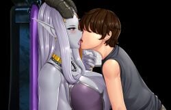 annoyed annoyed_expression aroused aroused_face big_breasts blush blushing demon demon_girl demon_horns grey_skin huge_breasts kingdom_of_subversion kissing large_breasts lips lipstick long_ears long_hair makeup purple_lips purple_lipstick queen queen_selvana_(kingdom_of_subversion) red_eyes rpg_maker saliva saliva_trail screencap screenshot silver_hair sitting size_difference tall_female taller_female taller_girl throne very_long_hair voluptuous voluptuous_female white_hair