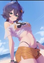 1girls absurd_res alternate_costume anonds31 beach beachwear belle_(zenless_zone_zero) belly belly_button blue_eyes blue_hair blush english_text female female_only grey_hair highres hoyoverse looking_at_viewer mihoyo official_alternate_costume see-through see-through_clothing see-through_shirt short_hair shorts swimwear text thighs tummy twintails zenless_zone_zero