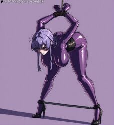 ai_generated bent_over bondage bondage corset high_heels highschool_of_the_dead humiliation latex long_hair loydardin purple_hair saeko_busujima strappado