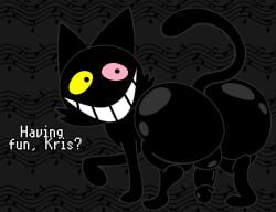 ass big_butt black_body deltarune dialogue domestic_cat felid feline felis feral friend_(deltarune) genitals heterochromia hi_res huge_butt male mammal penis pink_eyes skeletonhearts smile solo tail talking_to_viewer teeth undertale_(series) yellow_eyes