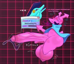 blush deltarune deltarune_chapter_2 dialogue embarrassed hanging_balls huge_balls huge_cock hyper_penis massive_penis penis_growth poppup_(deltarune) precum shooting_pre small_but_hung sourangel veiny_penis virovirokun