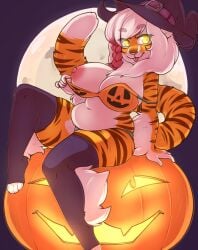 breasts female furry glasses halloween hat jack-o'-lantern large_breasts nipples pink_hair pumpkin solo witch_hat yellow_eyes