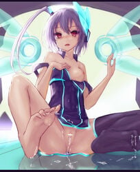 bare_shoulders barefoot breasts censored cum feet female hc highres nipples no_panties no_shoes original purple_hair pussy red_eyes single_thighhigh soles solo strap_slip thighhighs toes wings