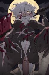 2025 5_fingers absurd_res after_sex anthro areola avian axe beak biped bird blood bodily_fluids breasts chest_tuft clothing cum digital_media_(artwork) erection female fingers front_view genital_fluids genitals grey_body hair heterochromia hi_res holding_axe holding_object holding_weapon kaltespur looking_at_viewer looking_down looking_down_at_viewer low-angle_view moon navel night nipples non-mammal_breasts nude nude_anthro nude_female outside panties penis red_sclera scar scuted_legs scutes solo spread_legs spreading tail tuft underwear vaginal_fluids vulva weapon white_hair worm's-eye_view yellow_eyes