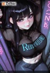 ai_generated bangs black_hair blunt_bangs blush breasts clothes_writing denim dollmaker dollmaker_(artist) english_text female jeans komi_shouko large_breasts long_hair looking_at_viewer lying magazine_cover midriff navel on_back pants patreon_logo patreon_username purple_eyes smile solo tagme watermark web_address