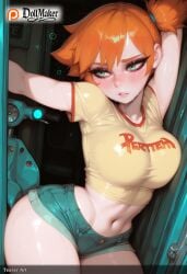 ai_generated aqua_eyes blush breasts crop_top denim denim_shorts dollmaker dollmaker_(artist) eyelashes female half-closed_eyes heart kasumi_(pokemon) midriff navel orange_hair patreon_logo patreon_username pokemon pokemon_(creature) shorts side_ponytail solo_focus suspenders sweat tagme watermark web_address wet